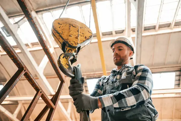 Crane operator lifting heavy materials construction